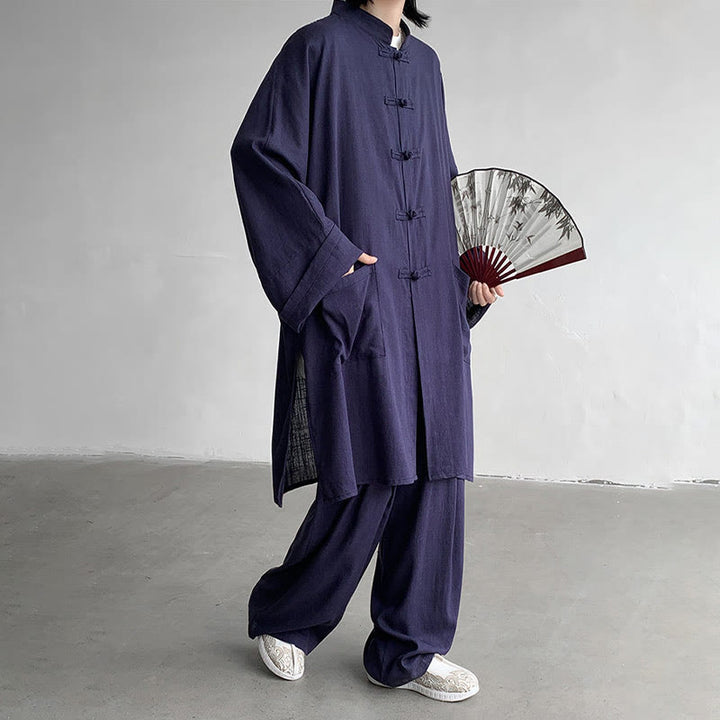 Buddha Stones 2 szt. męska koszula z długim rękawem i guzikami żaba spodnie medytacyjne zen bawełniany zestaw ubrań - image 13