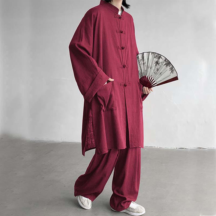 Buddha Stones 2 szt. męska koszula z długim rękawem i guzikami żaba spodnie medytacyjne zen bawełniany zestaw ubrań - Cegła ogniotrwała - US/UK/AU46， EU56 (5XL) - image 18