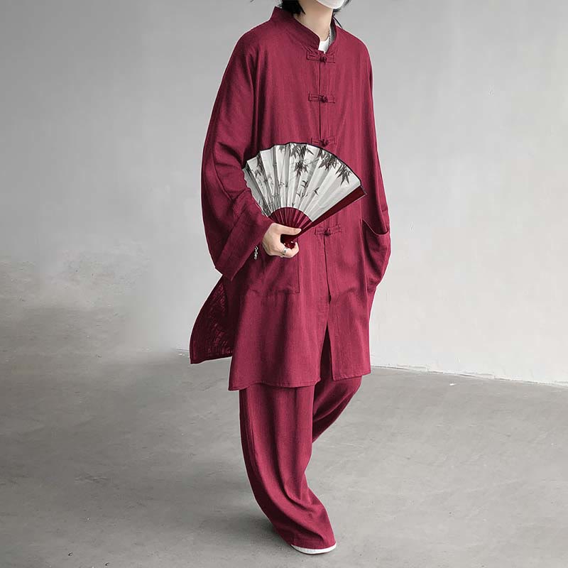 Buddha Stones 2 szt. męska koszula z długim rękawem i guzikami żaba spodnie medytacyjne zen bawełniany zestaw ubrań - image 19