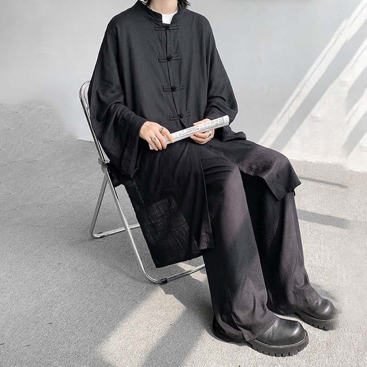 Buddha Stones 2 szt. męska koszula z długim rękawem i guzikami żaba spodnie medytacyjne zen bawełniany zestaw ubrań - image 25