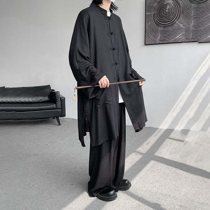 Buddha Stones 2 szt. męska koszula z długim rękawem i guzikami żaba spodnie medytacyjne zen bawełniany zestaw ubrań - image 24