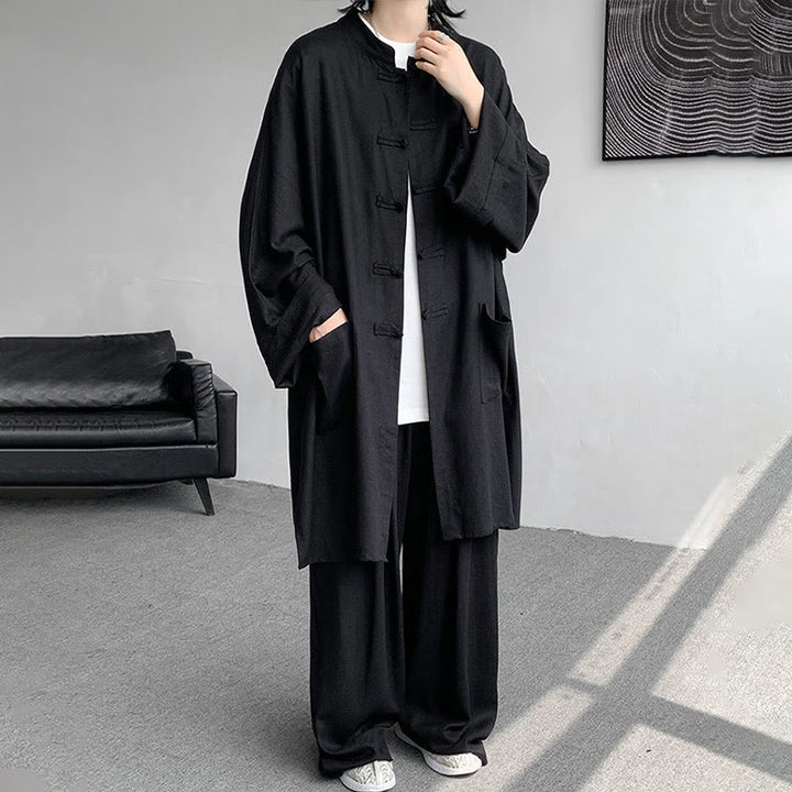 Buddha Stones 2 szt. męska koszula z długim rękawem i guzikami żaba spodnie medytacyjne zen bawełniany zestaw ubrań - Czarny - US/UK/AU46， EU56 (5XL) - image 21