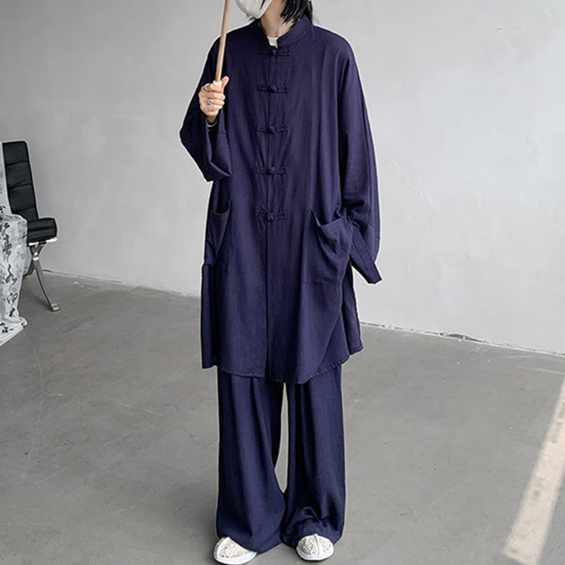 Buddha Stones 2 szt. męska koszula z długim rękawem i guzikami żaba spodnie medytacyjne zen bawełniany zestaw ubrań - image 14