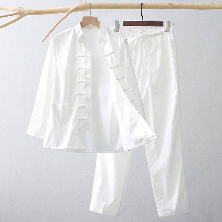 Buddha Stones 2-częściowy Tang Suit Tradycyjny Żabkowy Guzik Męski Długi Rękaw Koszula Spodnie Odzież Zestaw - Biały - US/UK/AU44， EU54 (4XL) - image 9