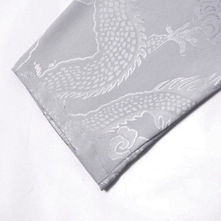 Buddha Stones 2-częściowy Tang Suit Dragon Frog-Button Męska koszula z długim rękawem i spodniami Zestaw ubrań - image 14