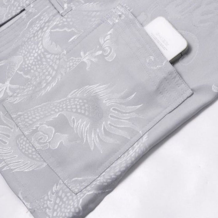 Buddha Stones 2-częściowy Tang Suit Dragon Frog-Button Męska koszula z długim rękawem i spodniami Zestaw ubrań - image 12