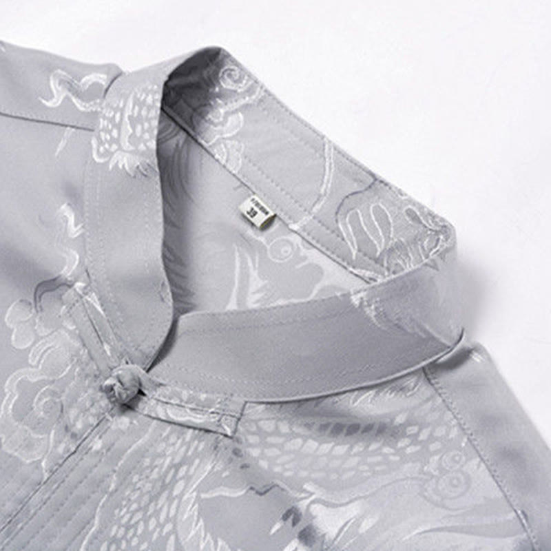 Buddha Stones 2-częściowy Tang Suit Dragon Frog-Button Męska koszula z długim rękawem i spodniami Zestaw ubrań - image 10