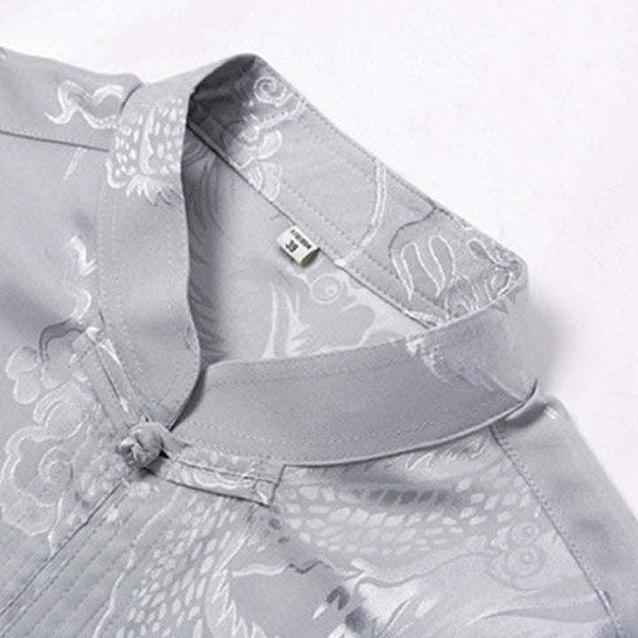 Buddha Stones 2-częściowy Tang Suit Dragon Frog-Button Męska koszula z długim rękawem i spodniami Zestaw ubrań - image 10