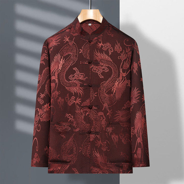 Buddha Stones 2-częściowy Tang Suit Dragon Frog-Button Męska koszula z długim rękawem i spodniami Zestaw ubrań - image 18
