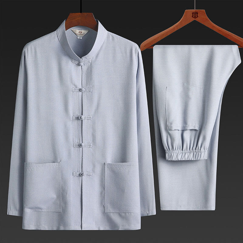 Buddha Stones, 2-częściowy zestaw Tang Suit, jednolity kolor, męska koszula z długim rękawem i spodniami, zapinana na guziki żaby - Jasnoszary - Zestaw 2 szt. - US/UK/AU42，EU52 (4XL) - image 3