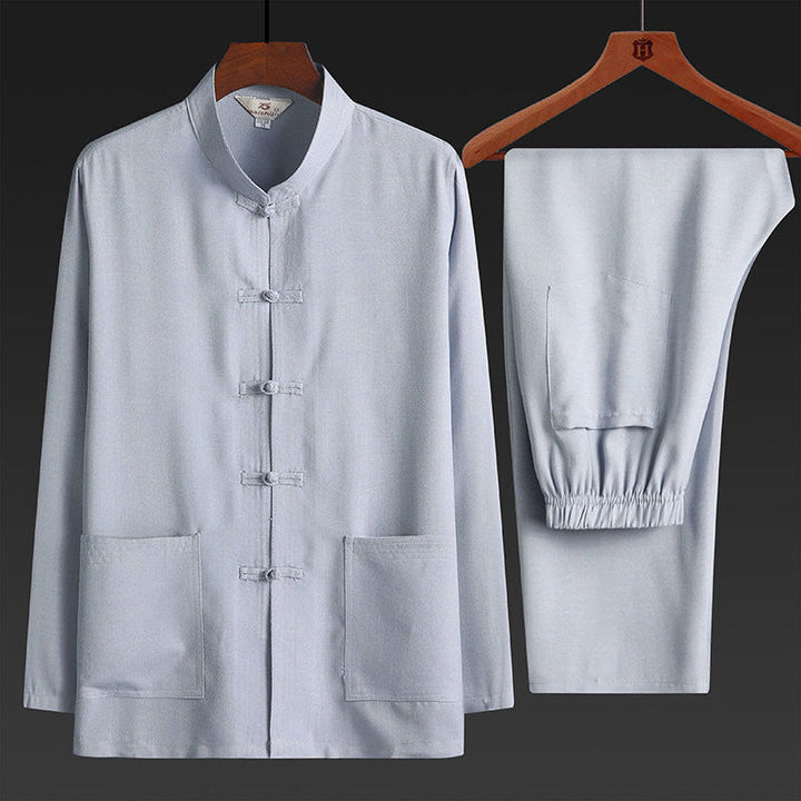 Buddha Stones, 2-częściowy zestaw Tang Suit, jednolity kolor, męska koszula z długim rękawem i spodniami, zapinana na guziki żaby - Jasnoszary - Zestaw 2 szt. - US/UK/AU42，EU52 (4XL) - image 3