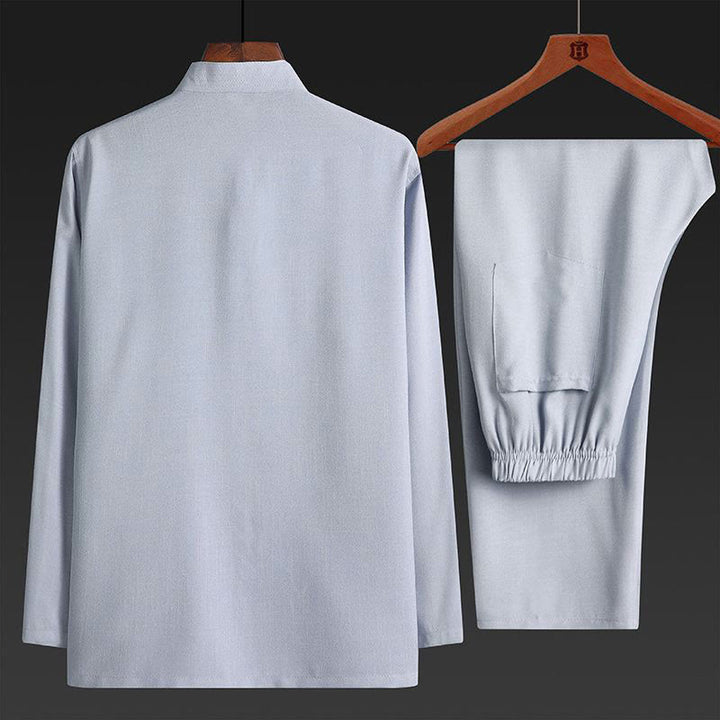Buddha Stones, 2-częściowy zestaw Tang Suit, jednolity kolor, męska koszula z długim rękawem i spodniami, zapinana na guziki żaby - image 4