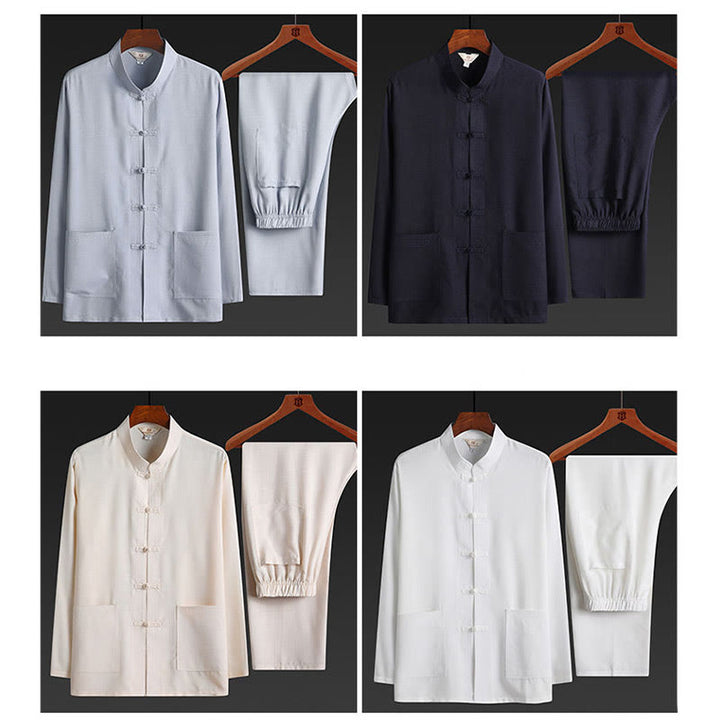 Buddha Stones, 2-częściowy zestaw Tang Suit, jednolity kolor, męska koszula z długim rękawem i spodniami, zapinana na guziki żaby - image 22