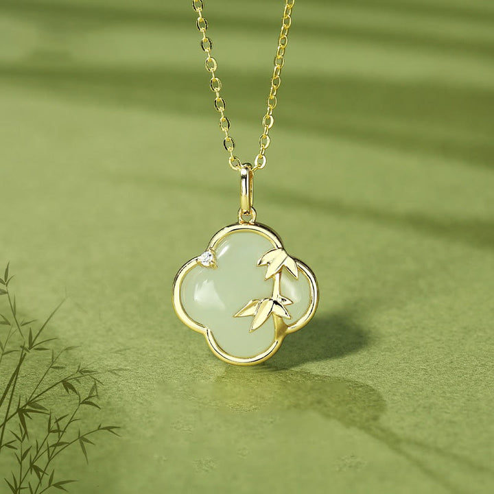 Buddha Stones Hetian Jade 925 Srebro Sterling Czterolistna Koniczyna Naszyjnik Wisiorek Wzrost Bambusa