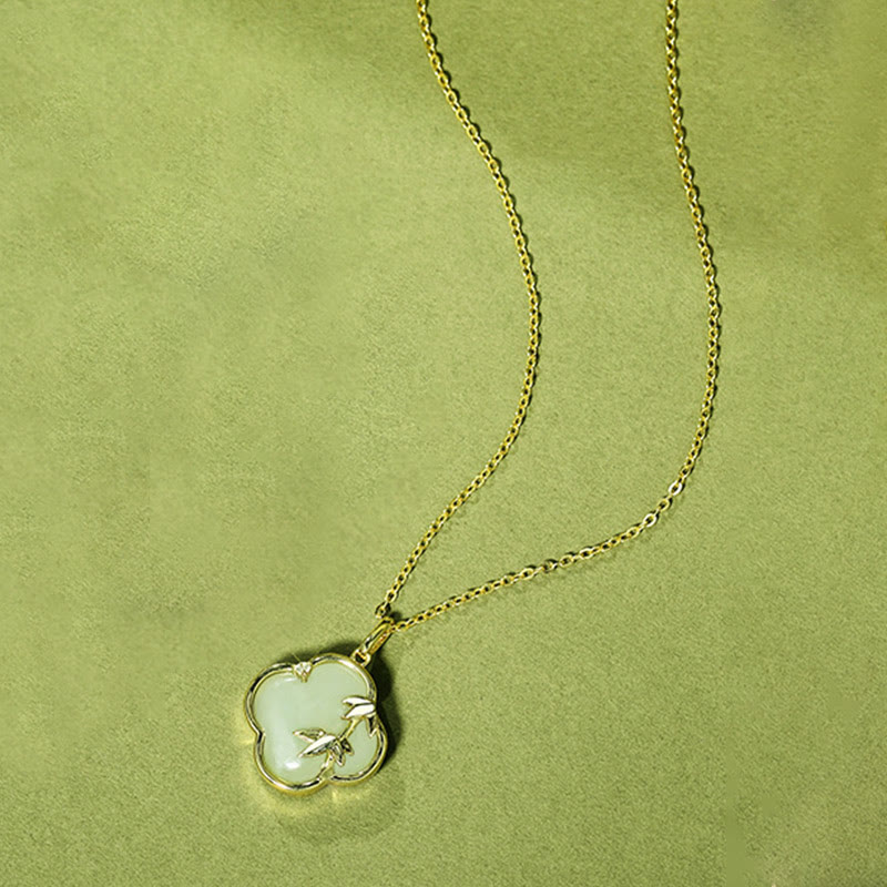 Buddha Stones Hetian Jade 925 Srebro Sterling Czterolistna Koniczyna Naszyjnik Wisiorek Wzrost Bambusa