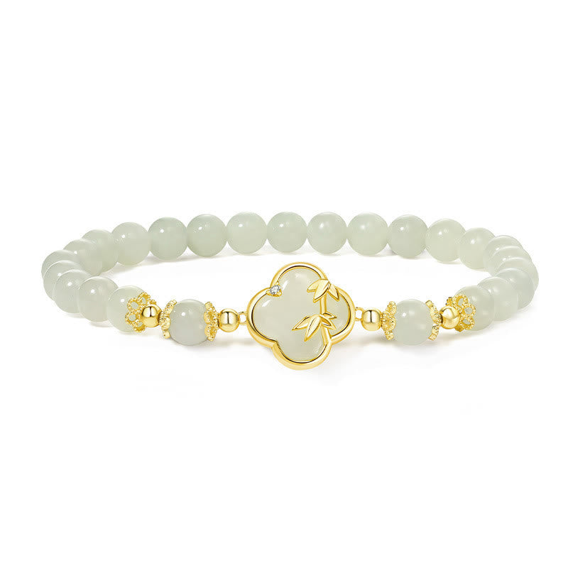 Bransoletka szczęścia z Buddha Stones Hetian Jade 925 ze srebra próby 925 i czterolistną koniczyną z bambusa