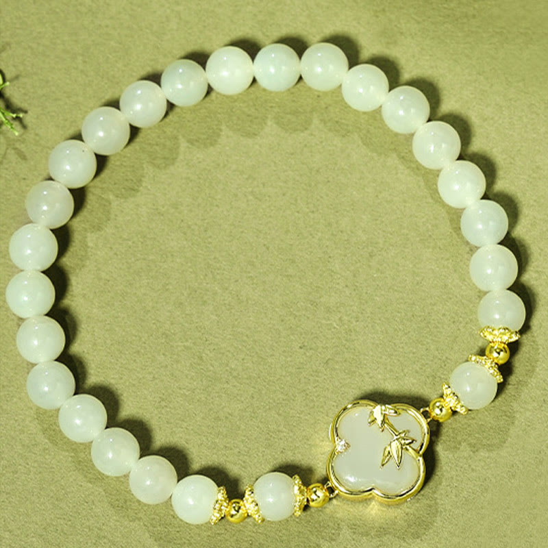 Bransoletka szczęścia z Buddha Stones Hetian Jade 925 ze srebra próby 925 i czterolistną koniczyną z bambusa
