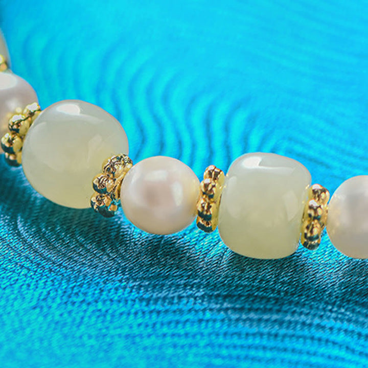 Buddha Stones Hetian Jade Pearl Alloy Czterolistna koniczyna Wisiorek Bransoletka Obfitości