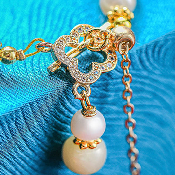 Buddha Stones Hetian Jade Pearl Alloy Czterolistna koniczyna Wisiorek Bransoletka Obfitości