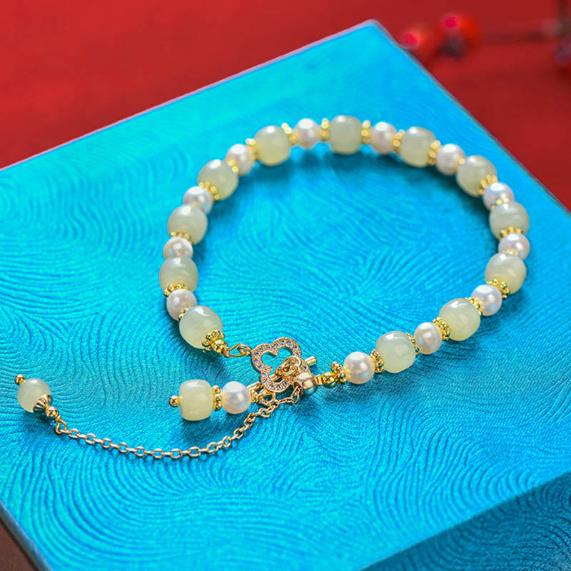 Buddha Stones Hetian Jade Pearl Alloy Czterolistna koniczyna Wisiorek Bransoletka Obfitości