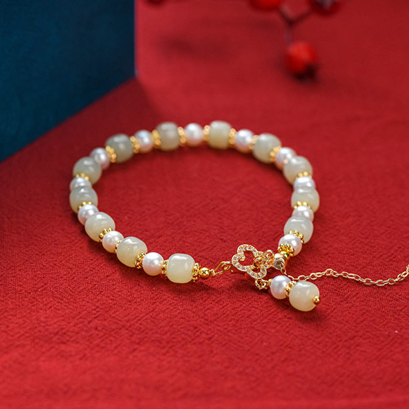 Buddha Stones Hetian Jade Pearl Alloy Czterolistna koniczyna Wisiorek Bransoletka Obfitości