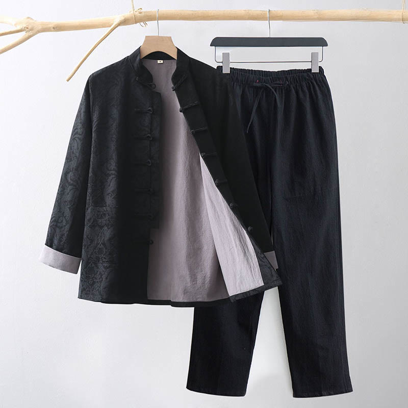 Buddha Stones 2 szt. męski garnitur Tang żakardowy wzór winorośli żaba-guzik bawełniany długi rękaw koszula spodnie zestaw - Czarny - US/UK/AU44， EU54 (4XL) - image 10