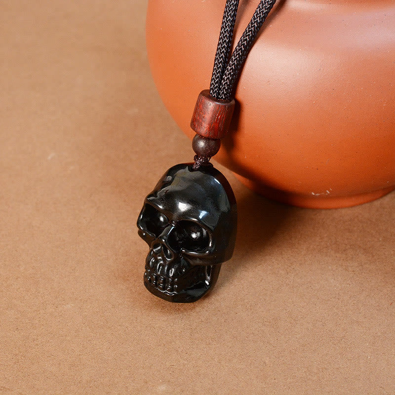 Buddha Stones Czarny Obsydian Sznurek Szmashana Szkielet Spełnienie Naszyjnik Wisiorek