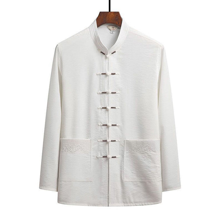 Buddha Stones 2 szt. Gładki garnitur męski z żabą i guzikami, długi rękaw, koszula, spodnie - Biały - Koszula - US/UK/AU42，EU52 (4XL) - image 13