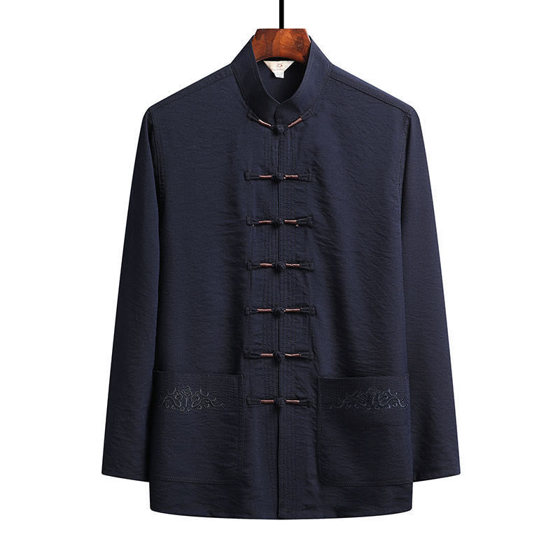 Buddha Stones 2 szt. Gładki garnitur męski z żabą i guzikami, długi rękaw, koszula, spodnie - Stalowoniebieski - Koszula - US/UK/AU42，EU52 (4XL) - image 1