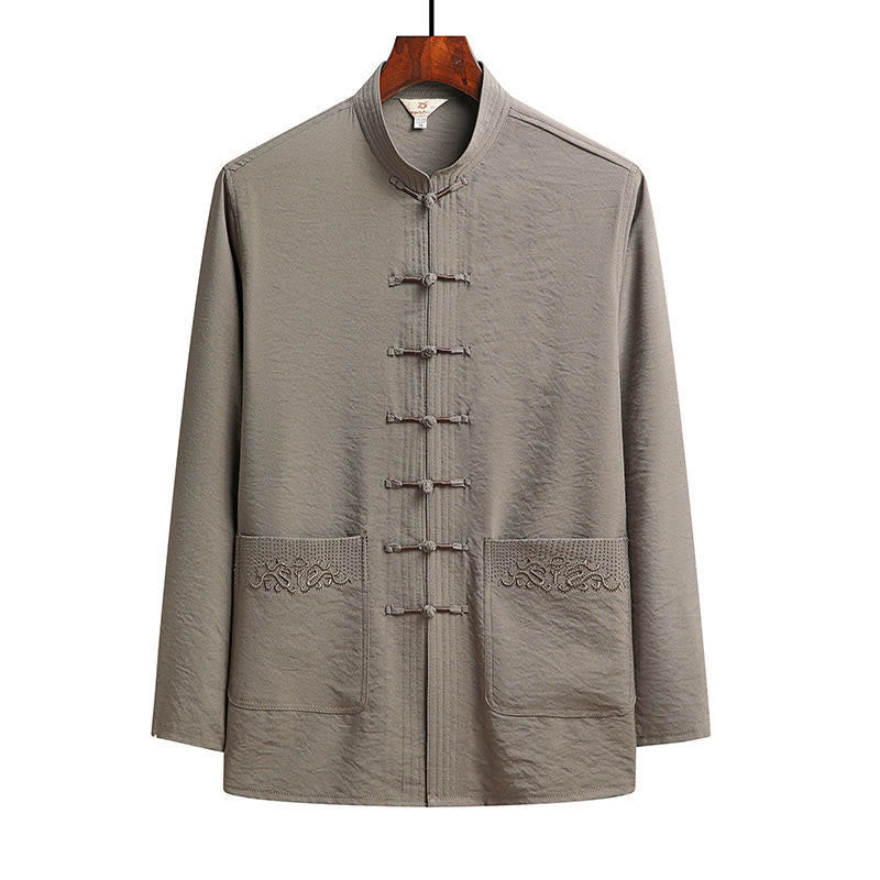 Buddha Stones 2 szt. Gładki garnitur męski z żabą i guzikami, długi rękaw, koszula, spodnie - Dębnik - Koszula - US/UK/AU44， EU54 (4XL) - image 17