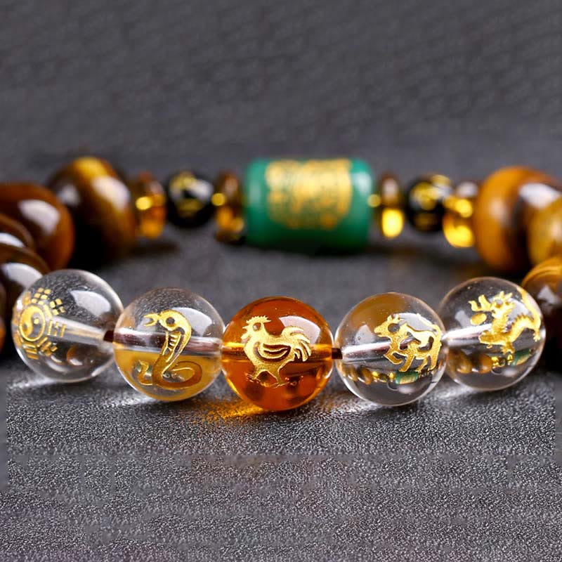 Bransoletka z Buddha Stones, chińskim znakiem zodiaku, tygrysim okiem i odwagą
