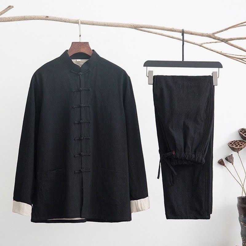 Buddha Stones 2-częściowy Zen Tang Suit męski lniany zestaw koszul z długim rękawem i spodniami z żabą - Czarny - US/UK/AU44， EU54 (4XL) - image 2
