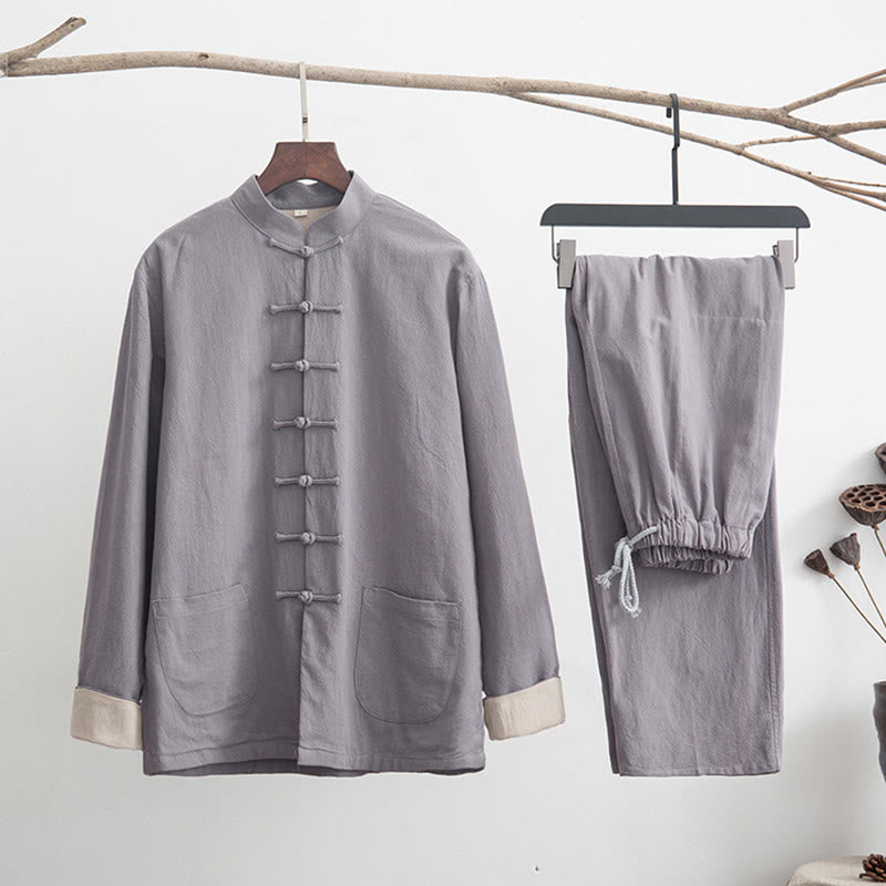 Buddha Stones 2-częściowy Zen Tang Suit męski lniany zestaw koszul z długim rękawem i spodniami z żabą - Szary - US/UK/AU44， EU54 (4XL) - image 0