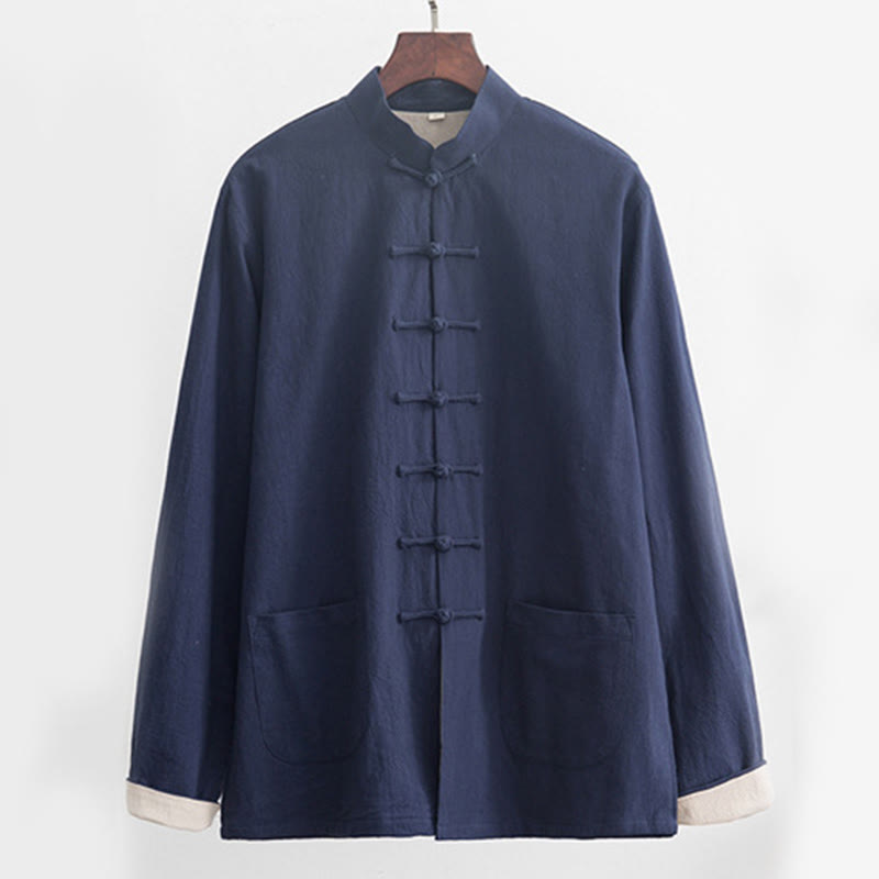 Buddha Stones 2-częściowy Zen Tang Suit męski lniany zestaw koszul z długim rękawem i spodniami z żabą - image 24