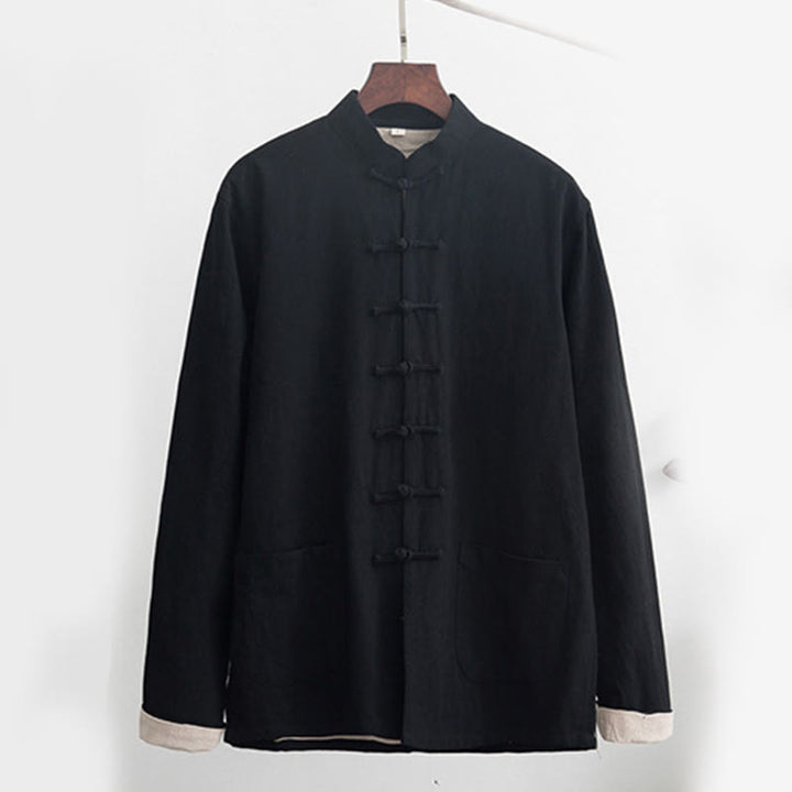 Buddha Stones 2-częściowy Zen Tang Suit męski lniany zestaw koszul z długim rękawem i spodniami z żabą - image 3