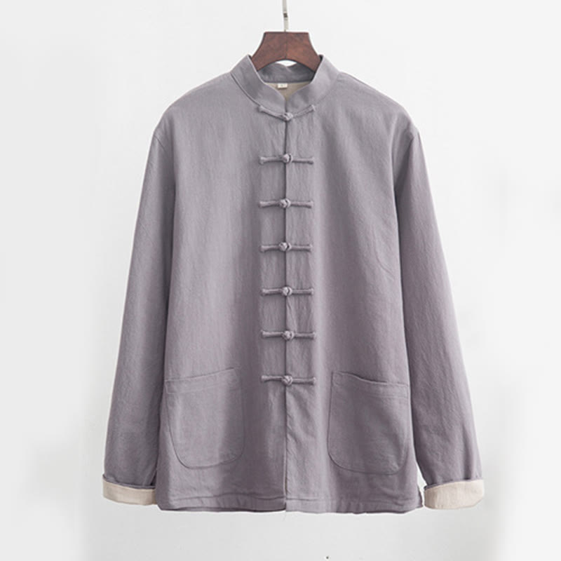 Buddha Stones 2-częściowy Zen Tang Suit męski lniany zestaw koszul z długim rękawem i spodniami z żabą - image 1