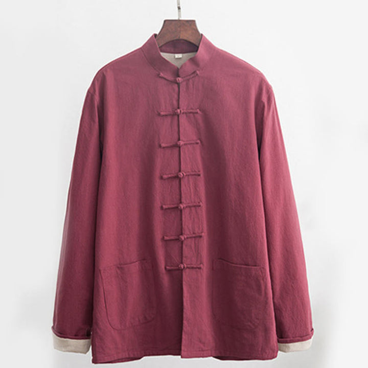 Buddha Stones 2-częściowy Zen Tang Suit męski lniany zestaw koszul z długim rękawem i spodniami z żabą - image 19