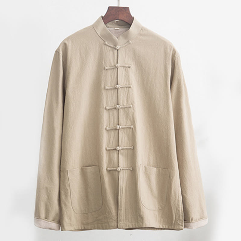 Buddha Stones 2-częściowy Zen Tang Suit męski lniany zestaw koszul z długim rękawem i spodniami z żabą - image 21