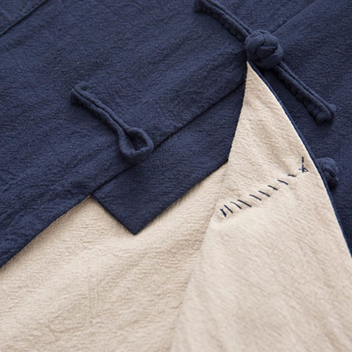 Buddha Stones 2-częściowy Zen Tang Suit męski lniany zestaw koszul z długim rękawem i spodniami z żabą - image 27