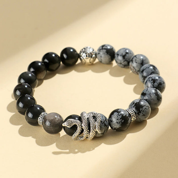 Buddha Stones Naturalny Srebrny Połysk Obsydian Biały Turkusowy Szary Jaspis Płatek Śniegu Obsydian Bransoletka Ochronna Rok Węża