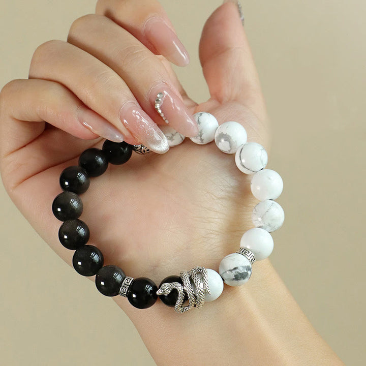 Buddha Stones Naturalny Srebrny Połysk Obsydian Biały Turkusowy Szary Jaspis Płatek Śniegu Obsydian Bransoletka Ochronna Rok Węża - image 4