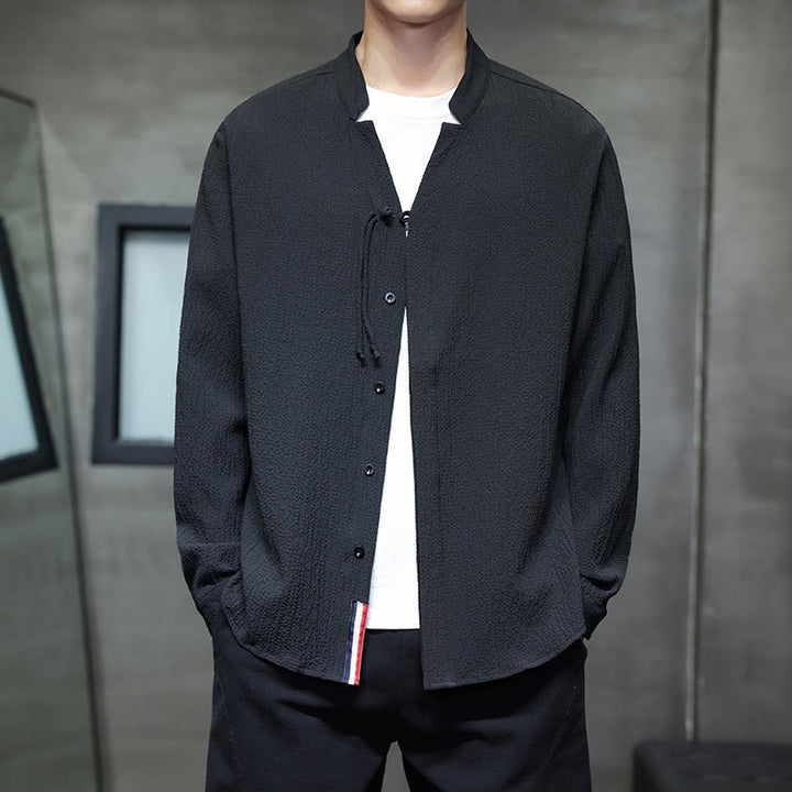 Koszula męska z długim rękawem i guzikami w jednolitym kolorze z Buddha Stones - Czarny - US/UK/AU46， EU56 (5XL) - image 16