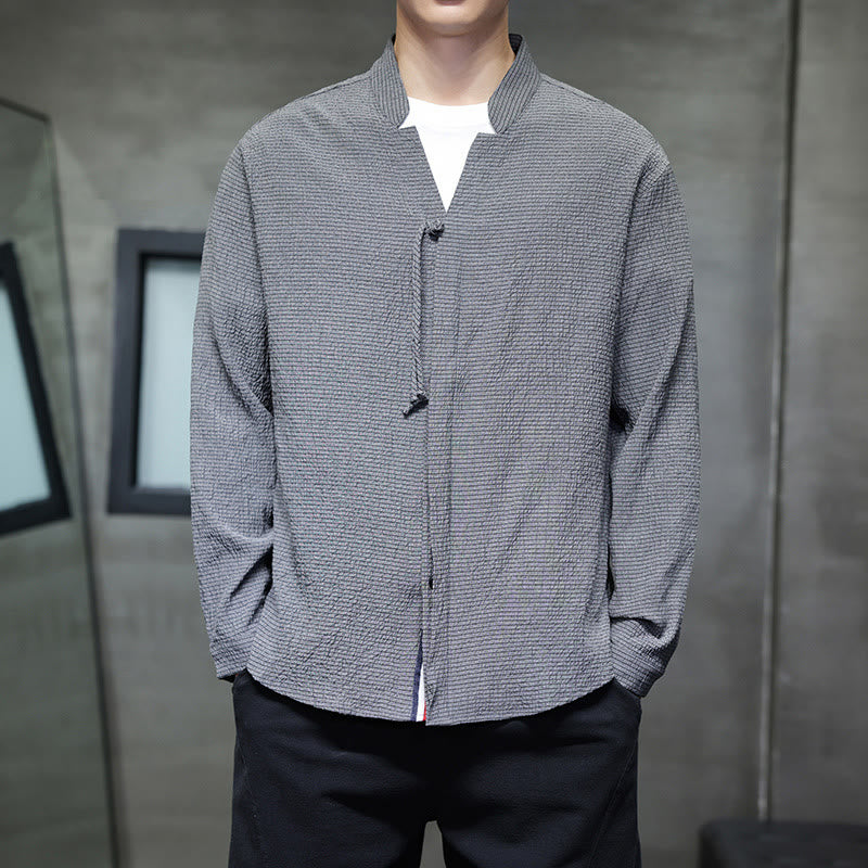 Koszula męska z długim rękawem i guzikami w jednolitym kolorze z Buddha Stones - Szary - US/UK/AU46， EU56 (5XL) - image 0