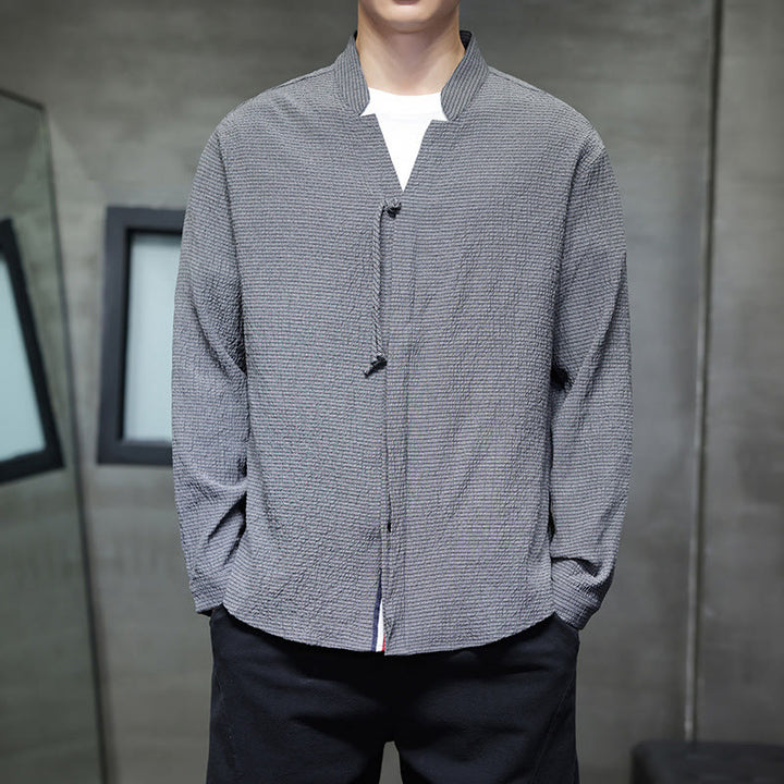 Koszula męska z długim rękawem i guzikami w jednolitym kolorze z Buddha Stones - Szary - US/UK/AU46， EU56 (5XL) - image 0