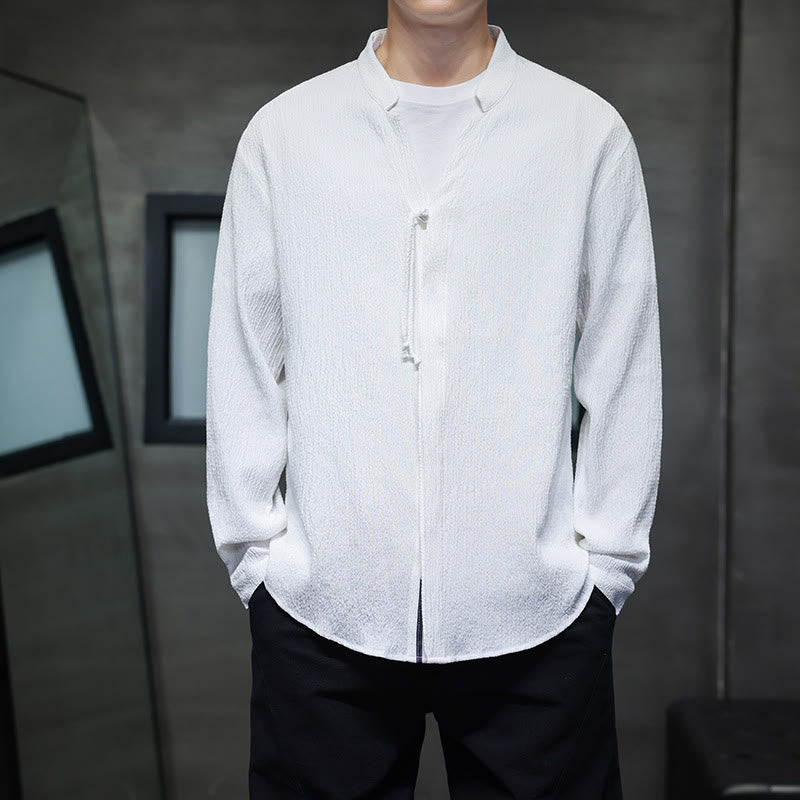 Koszula męska z długim rękawem i guzikami w jednolitym kolorze z Buddha Stones - Biały - US/UK/AU46， EU56 (5XL) - image 9