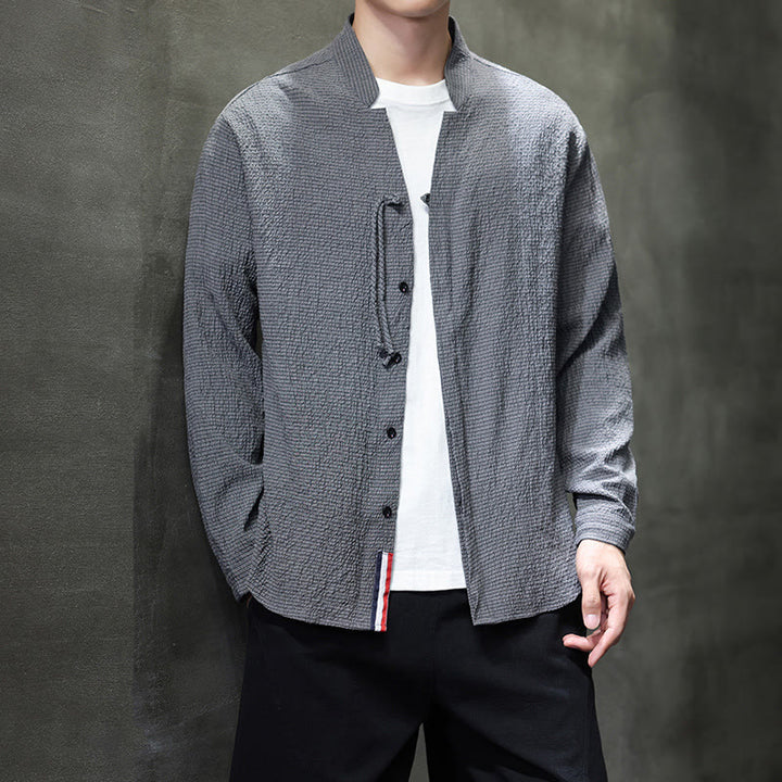 Koszula męska z długim rękawem i guzikami w jednolitym kolorze z Buddha Stones - image 1