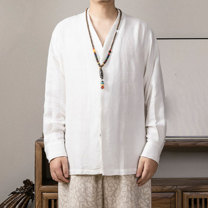 Koszula męska z długim rękawem i dekoltem w serek Buddha Stones Zen Clothing - Biały - US/UK/AU44， EU54 (4XL) - image 0