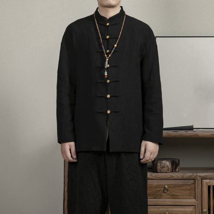 Koszula męska Buddha Stones Casual Frog-Button Tang Suit Jacquard Linen