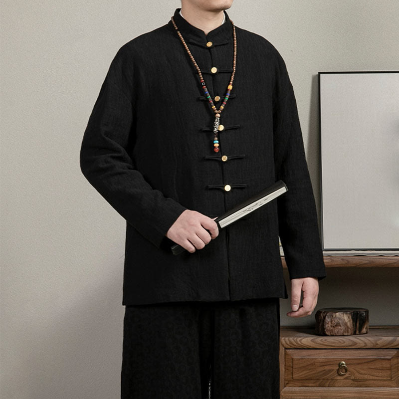 Koszula męska Buddha Stones Casual Frog-Button Tang Suit Jacquard Linen