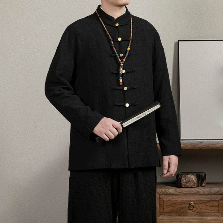 Koszula męska Buddha Stones Casual Frog-Button Tang Suit Jacquard Linen